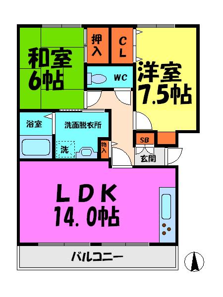 グリーンコートA棟(2LDK/2階)の間取り写真