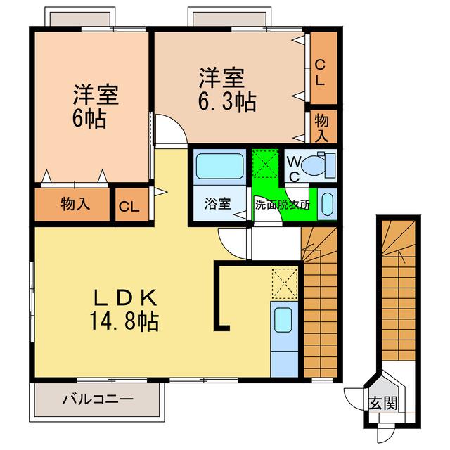 サンシェールA・B(2LDK/2階)の間取り写真