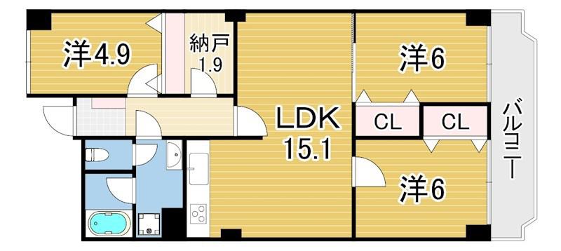 東芦屋ハイツ(3LDK/5階)の間取り写真