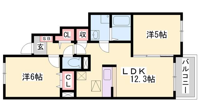 フェリア香呂C(2LDK/1階)の間取り写真