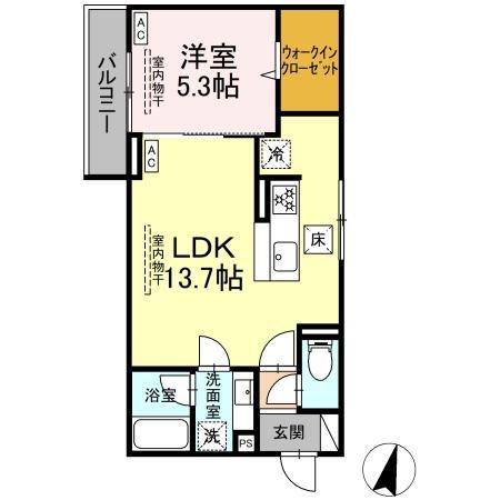 ドムスクレスト湘南台(1LDK/1階)の間取り写真
