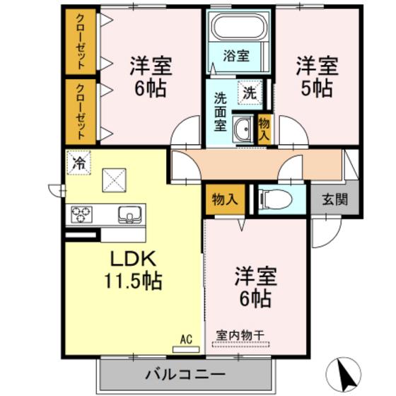 アミティエYUKIB棟(3LDK/1階)の間取り写真