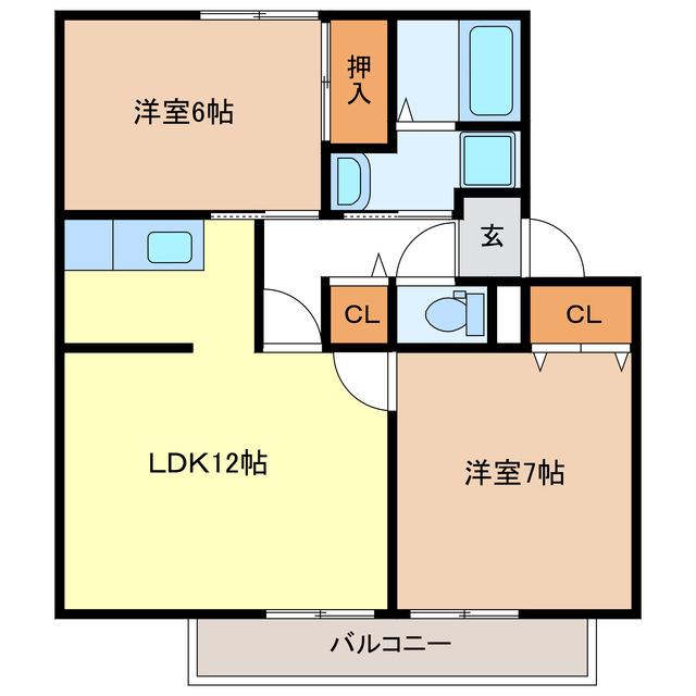 メルベーユ岩之谷(2LDK/2階)の間取り写真