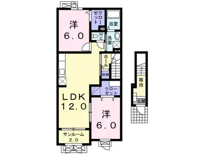 ソレイユ悠久町(2LDK/2階)の間取り写真