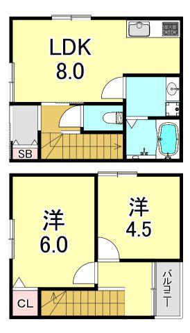 房王寺町3丁目C棟PJ(2LDK/1階)の間取り写真