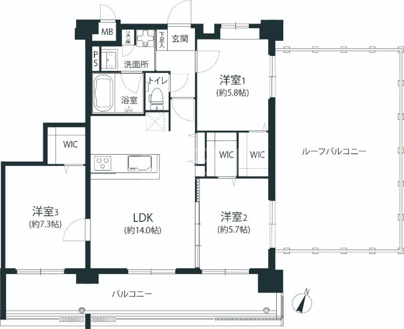 警固ビューアパートメント(3LDK/7階)の間取り写真