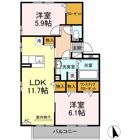 D-ROOMOMODAKA B棟(2LDK/2階)の間取り写真