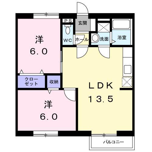 ディアコートB(2LDK/1階)の間取り写真