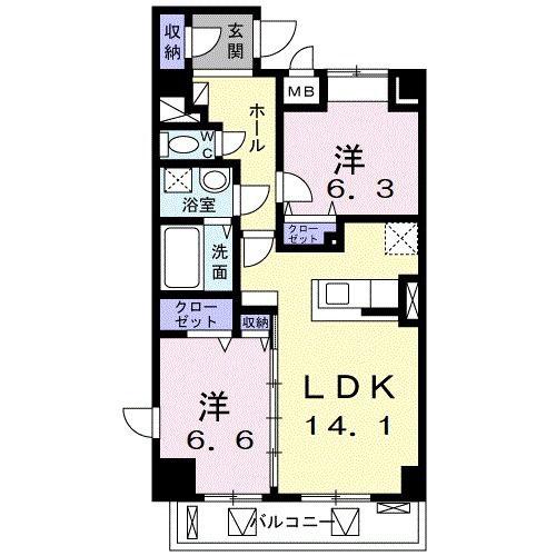 ラフィーネ不動湯田(2LDK/5階)の間取り写真