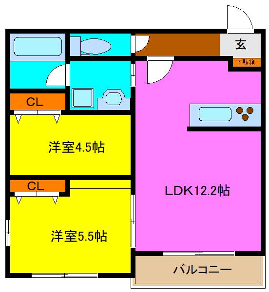 GRACE下六万寺町(2LDK/2階)の間取り写真
