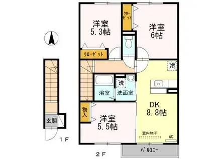 シャルムハウス大財(3DK/2階)の間取り写真