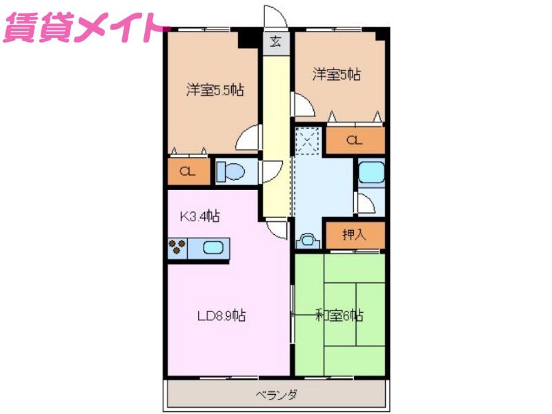 コスモマンション(3LDK/3階)の間取り写真