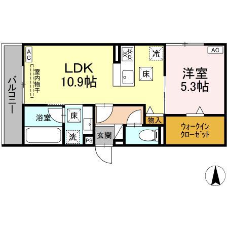 セレスティア田神 ウエスト(1LDK/3階)の間取り写真