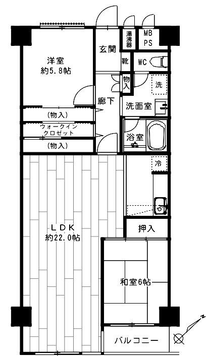 東寺尾ハイツA棟(2LDK/5階)の間取り写真