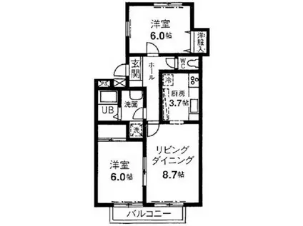 グレースカメリア市が尾B棟(2LDK/1階)の間取り写真