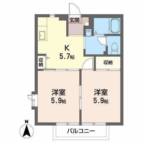 ローアン・アボードB棟(2K/1階)の間取り写真