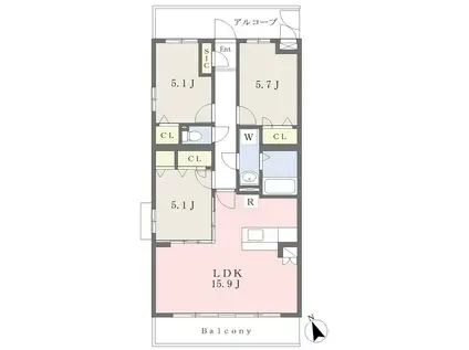 カーサ ビアンコネロ B棟(3LDK/4階)の間取り写真