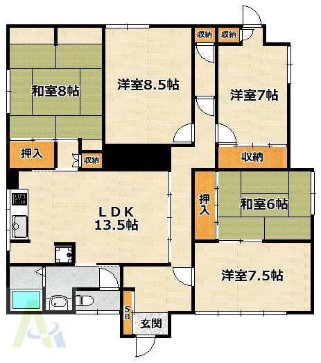 鶯橋マンション(5LDK/5階)の間取り写真