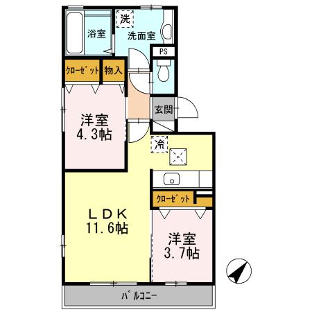 ルクプルA棟(2LDK/1階)の間取り写真