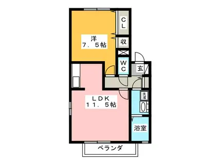 ドミール六条A棟(1LDK/2階)の間取り写真