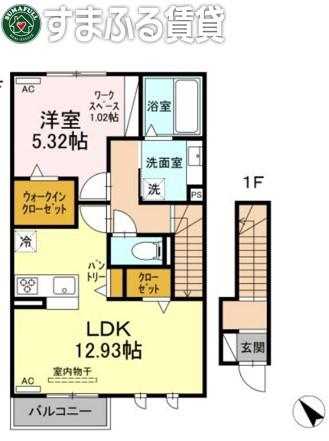 D-ROOMジーエー(1LDK/2階)の間取り写真