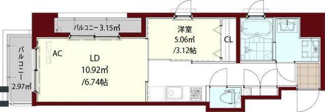 アガスティーア薬院(1LDK/9階)の間取り写真