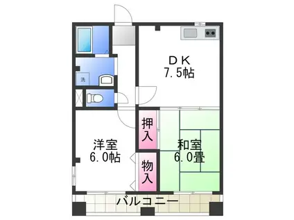 シャトー中三(2DK/4階)の間取り写真