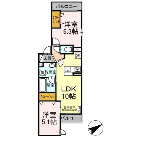 ディー ブレス宿河原(2LDK/2階)の間取り写真