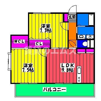 プレジールカヤシマ弐番館(2LDK/5階)の間取り写真