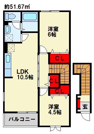 アンジュ・ヴィラD(2LDK/2階)の間取り写真