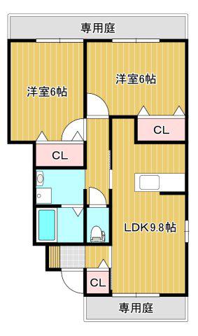 ディアコート弐番館 C棟(2LDK/1階)の間取り写真