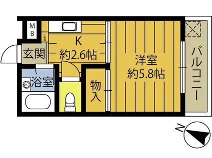 ヴィラ・アンソレイエ城原B(1K/1階)の間取り写真