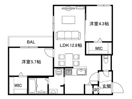 ブランシャールCHATELET琴似サウス R8年8月26日入居開始(2LDK/3階)の間取り写真