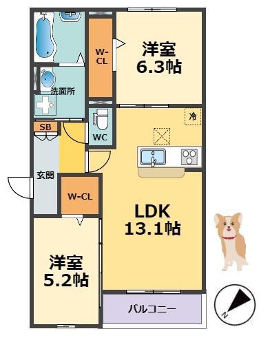 シーグレース浜甲子園(2LDK/2階)の間取り写真
