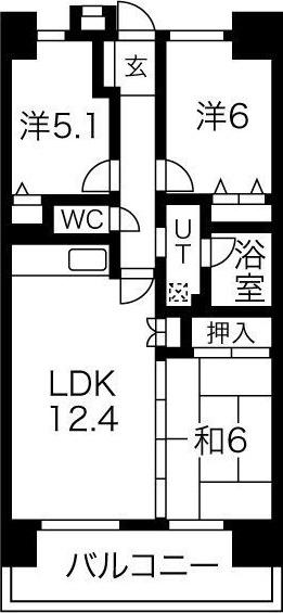 元今泉レジデンス(3LDK/14階)の間取り写真