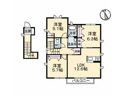 グランドールII E棟(3LDK/2階)の間取り写真