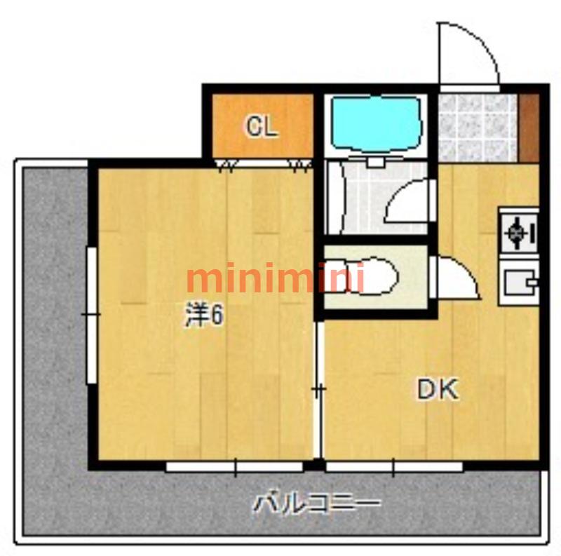 都部ハイツ(1DK/6階)の間取り写真