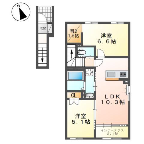 津福本町アパート(2LDK/2階)の間取り写真