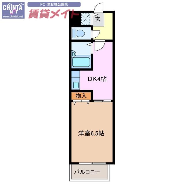 近鉄名古屋線 津新町駅 徒歩4分 9階建 築28年(1DK/6階)の間取り写真