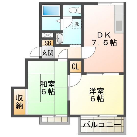 ベルウッド C棟(2DK/1階)の間取り写真