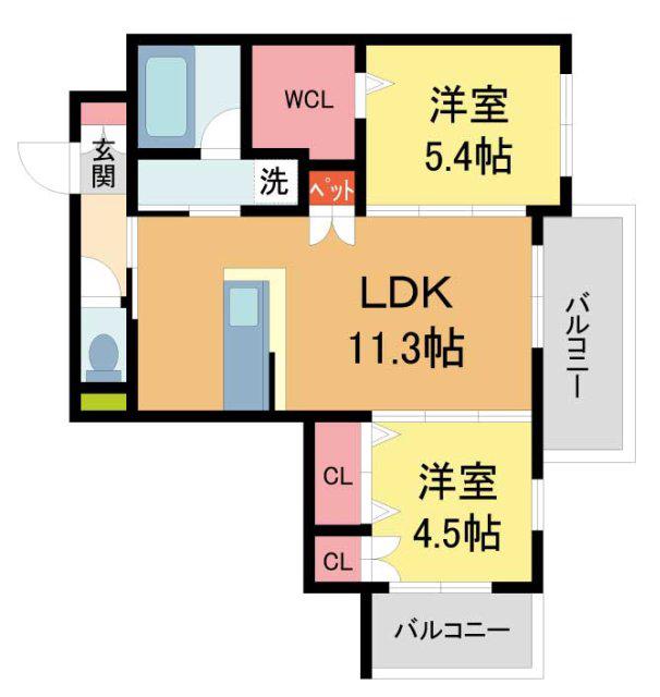 LA VITA西宮北口(2LDK/3階)の間取り写真