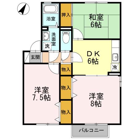 グレイス・クレセントB棟(3DK/1階)の間取り写真