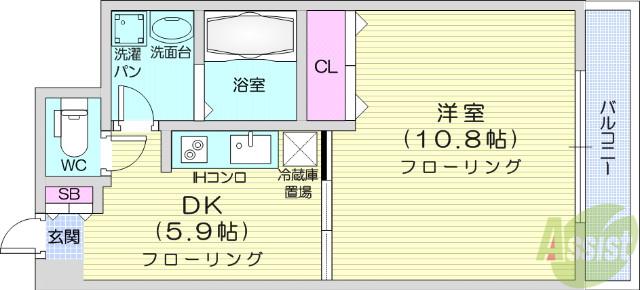 ウエストパーク支倉(1DK/12階)の間取り写真