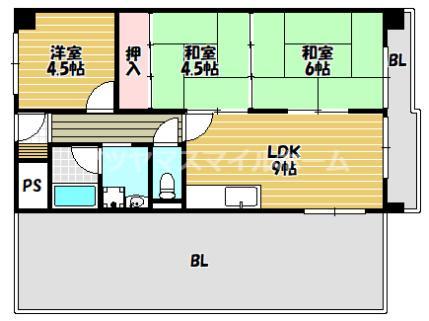 野崎スカイハイツ(3LDK/9階)の間取り写真