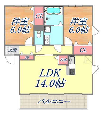 ヴィラデュオB棟(2LDK/1階)の間取り写真