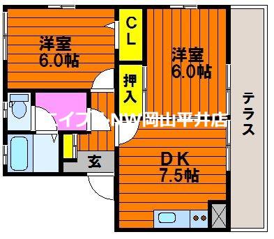 フォブール東岡山(2DK/1階)の間取り写真