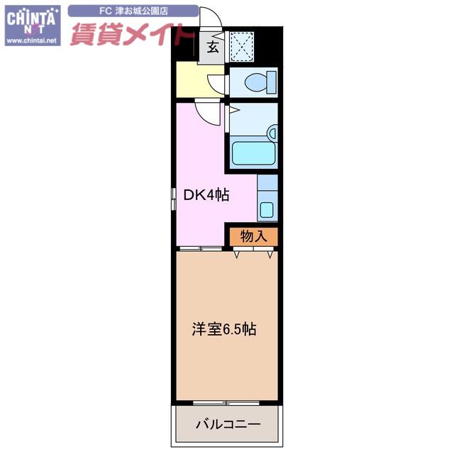 近鉄名古屋線 津新町駅 徒歩4分 9階建 築28年(1DK/6階)の間取り写真