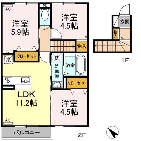 ミルフィールド萩(3LDK/2階)の間取り写真