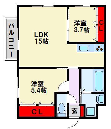 ルネス枝光(2LDK/1階)の間取り写真