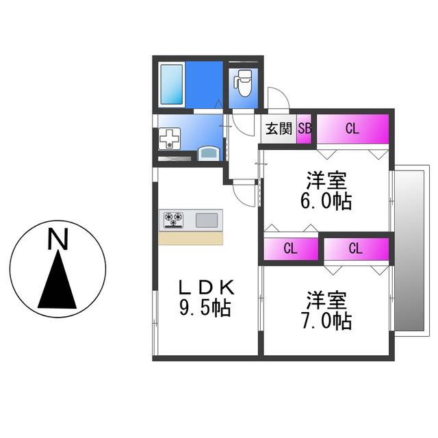 カーサジュネスB棟(2LDK/2階)の間取り写真